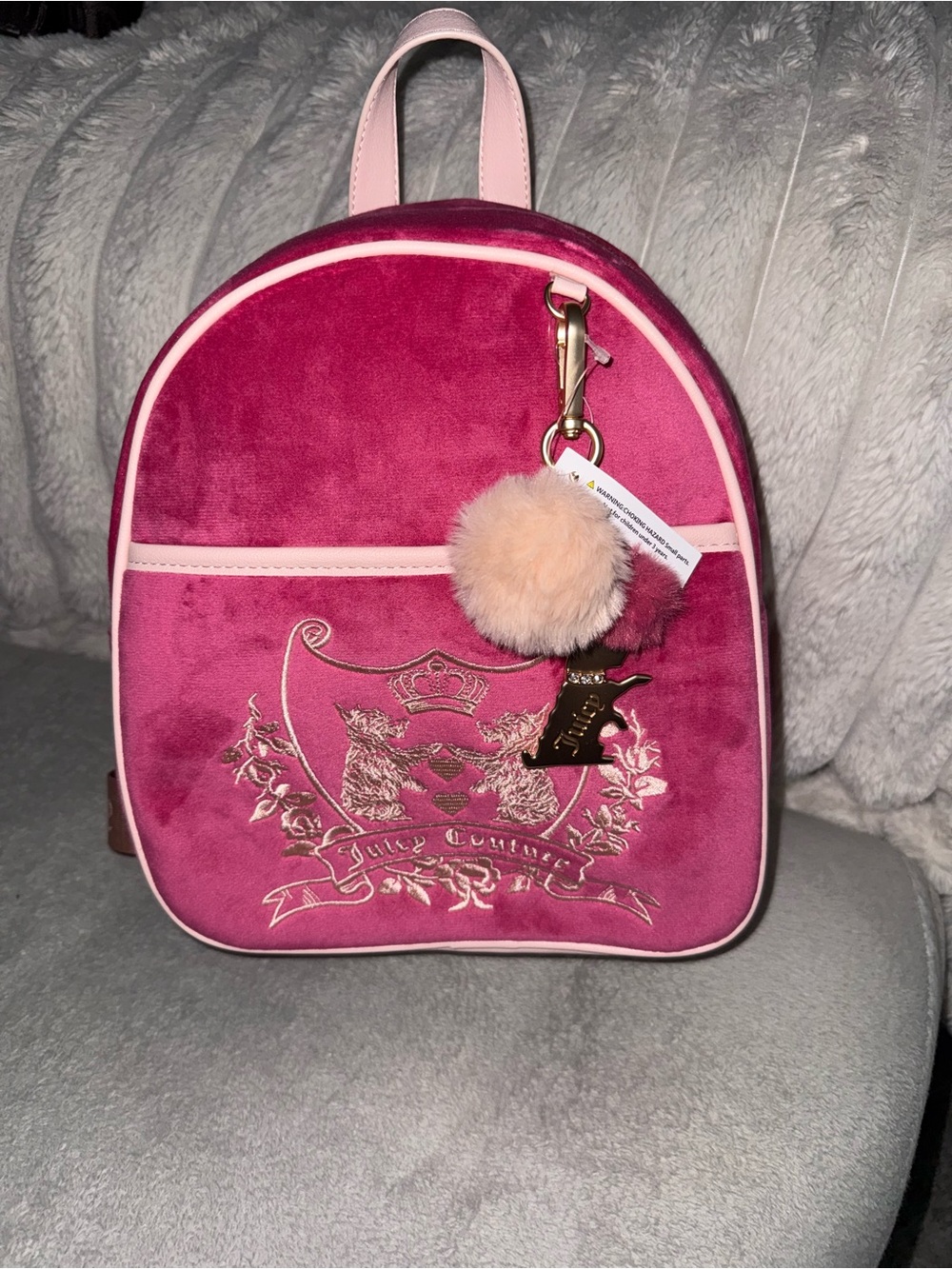 Juicy Couture Pink Velvet  Backpack with Scottie dog Pom Charm